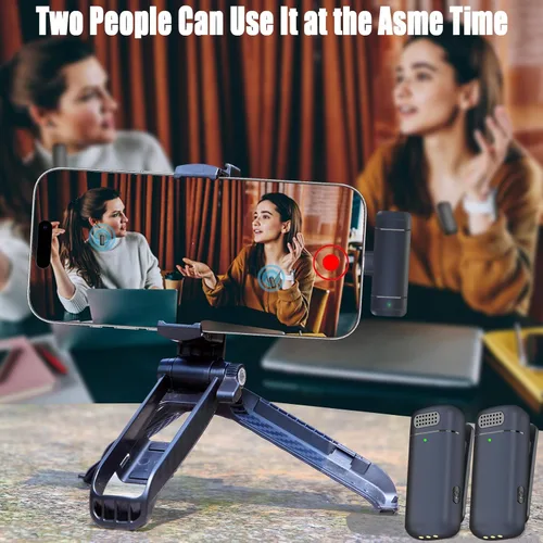 Vista 5 de 2 micrófonos de solapa inalámbricos 3 en 1 para iPhone, iPad, USB C, Android, portátil, con estuche de carga, clip en la solapa, mini micrófono