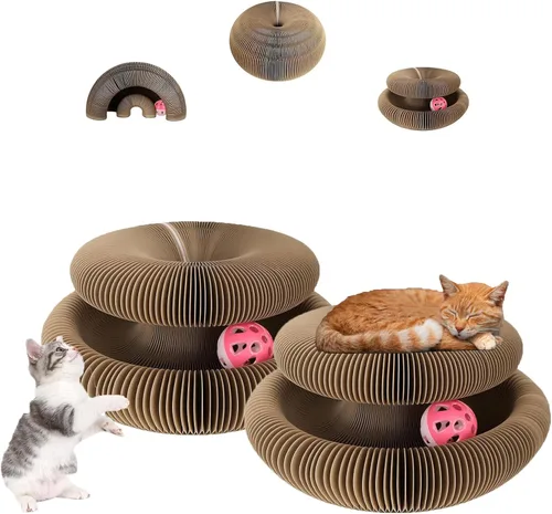 Vista 7 de Tablero rascador plegable con bola de campana, juguete mágico para gatos Marrón (Brown 1Pcs)