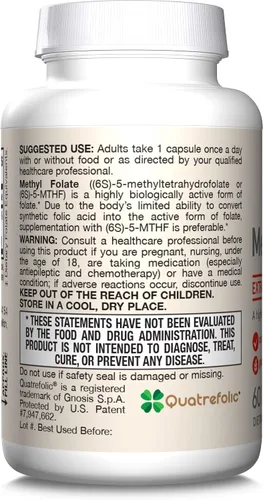 Vista 9 de Jarrow Formulas Folato de metilo extra fuerte 400 mcg, suplemento dietético para apoyo de salud cardiovascular y neurológica, 60 cápsulas vegetales