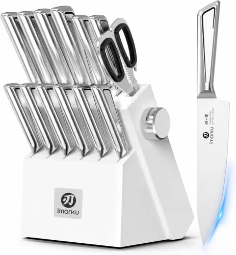Vista 12 de imarku Juego de 14 cuchillos con bloque, juego de cuchillos de cocina de acero inoxidable japonés con afilador integrado, asas ergonómicas