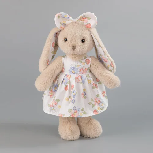 Vista 3 de Conejito de peluche de 14 pulgadas, conejo beige con vestido floral de fresa y lazo, regalo de conejo de Pascua suave para niñas, decoración