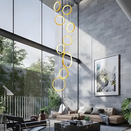 Vista 6 de Candelabro moderno para entrada para techos altos, lámpara moderna regulable dorada para escalera, de lujo, techo alto, lámpara colgante LED