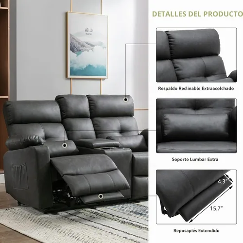 Vista 6 de Sofá Biplaza Reclinable Eléctrico con Consola, Sofá Biplaza Reclinable Eléctrico con Calor y Masaje, Reposapiés Extendido, Sofá Biplaza Reclinable