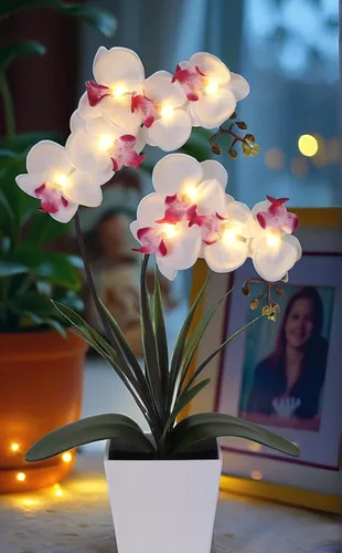 Vista 5 de Arreglo floral artificial con luces LED Homeseasons, funciona con batería, maceta con orquídeas, 9 luces Blanco