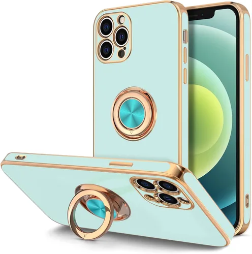 Vista 15 de Hython Funda para iPhone 12 Pro Max con Soporte de Anillo [Soporte Magnético Giratório de 360°] [Forro de Microfibra Suave] Borde Chapado en Oro