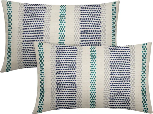Vista 45 de Juego de 2 fundas de almohada negras y azules con rayas de puntos grises, decorativas para exteriores, estilo boho rústico, para sofá, cama, cojín