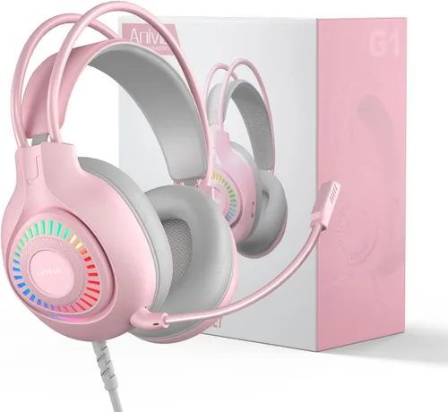 Vista 8 de Emonoo Auriculares para juegos rosa con decoraciones de orejas de gato, auriculares con cable con micrófono de cancelación de ruido y efecto de luz
