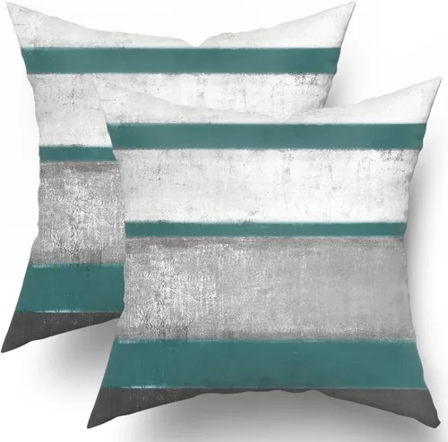 Vista 21 de Fundas de almohada Aqua 16x16 Set de 2 Verde Claro Gris Moderno Arte Abstracto Rayado Cojines Decorativos de Granja Algodón Cuadrado Fundas de Raya
