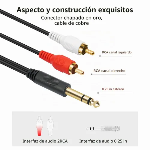 Vista 7 de Conector estéreo TRS macho chapado en oro de 0.250 in 1/4 pulgadas a 2 RCA Phono macho Audio Y Splitter Cable, conector de cable (4.9 ft)
