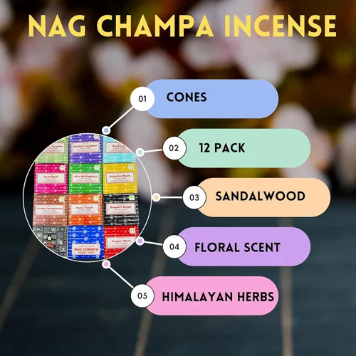 Vista 4 de Satya Sai Baba Nag Champa - Conos de incienso para meditación, yoga y alivio del estrés, paquete de 12, 144 conos con fragancia natural