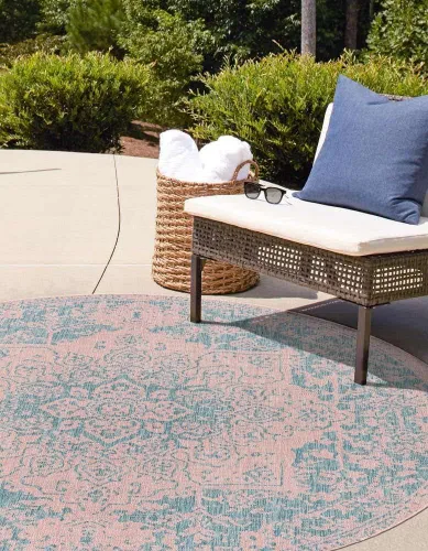 Vista 3 de Unique Loom Jill Zarin Jill Zarin Outdoor Collection - Alfombra Dubái (3 pies 3 pulgadas, redonda, rosa y aguamarina/azul claro)