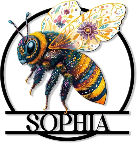 Vista 7 de Letrero de metal personalizado de abeja, cartel colgante de abeja de miel, porche de bienvenida al aire libre, valla de pared con nombre
