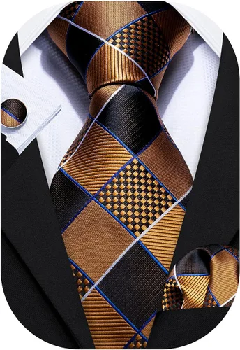 Vista 29 de Barry.Wang Juego de corbatas a cuadros para hombre con pañuelo gemelos de rayas clásicas