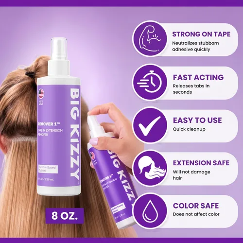 Vista 2 de Big Kizzy Spray removedor de extensión de cinta - Removedor 1 (8oz) Removedor de cinta más rápido y fácil, compatible con todas las cintas