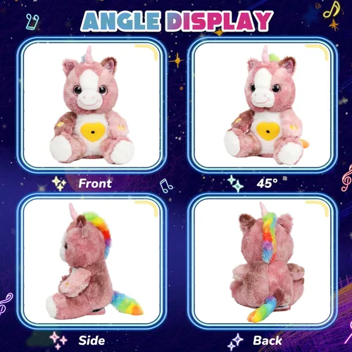 Vista 4 de Proyector de estrellas de unicornio rosa sucio de felpa, luz nocturna musical, ajustable, animales de peluche, juguetes de peluche brillantes