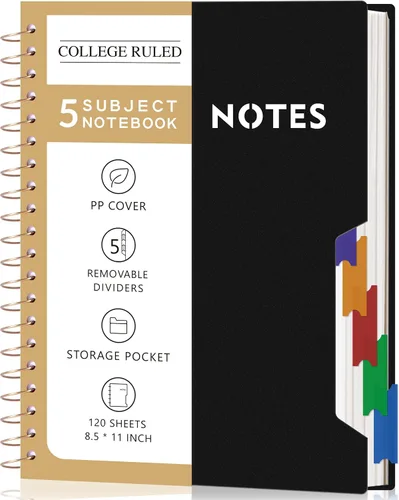 Vista 13 de CAGIE Cuadernos de espiral para trabajo escolar con pestañas divisorias extraíbles, cuaderno de 5 materias de 8.5 x 11 pulgadas, a rayas