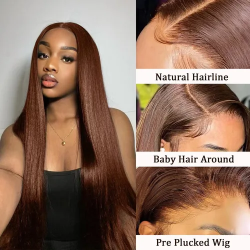 Vista 3 de SOPSFR Pelucas de cabello humano con encaje frontal de 13 x 6, densidad 200, pelucas de cabello humano lacio marrón chocolate con bebé alrededor