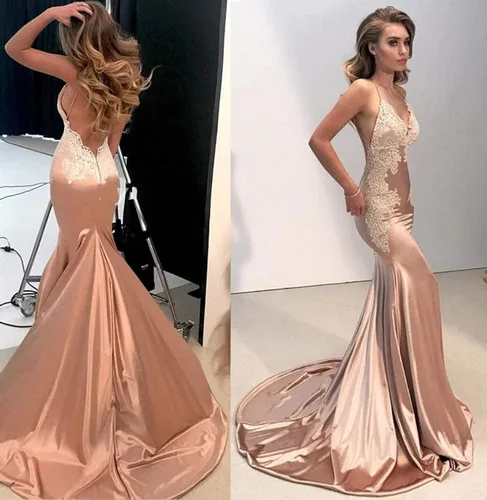 Vista 3 de M Bridal Vestidos largos de sirena con apliques de encaje para mujer, vestidos de noche con espalda abierta