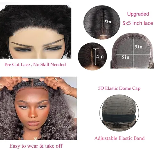 Vista 3 de Pelucas de cabello humano rizado con ondas profundas de 5 x 5 HD, sin pegamento, precortadas, con encaje frontal, para mujeres negras, color negro