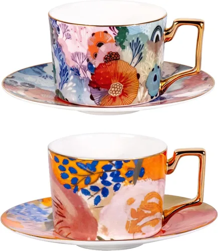 Vista 26 de KAMMAK Juego de 2 tazas de té y platillos, tazas de café de porcelana fina, tazas de café expreso apilables, demitasse de cerámica para café