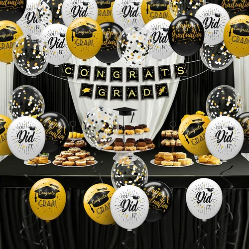 Vista 7 de Paquete de 78 globos de graduación 2026, decoraciones de graduación, globos de graduación de 12 pulgadas de oro negro con cintas para decoraciones
