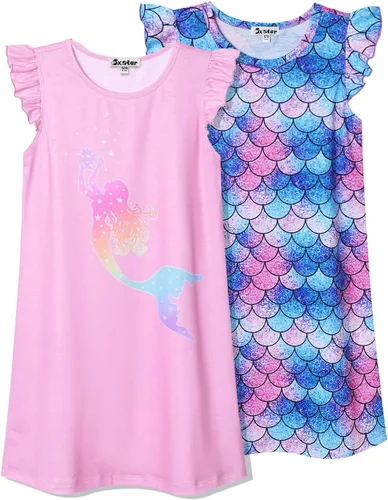 Vista 6 de Jxstar Paquete de 2 camisones para niñas, pijamas de manga con vuelo, vestidos de noche de algodón
