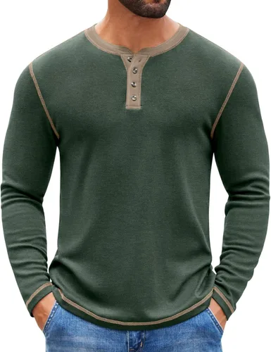 Vista 14 de COOFANDY - Camisetas Henley para hombre, manga larga, con botones, estilo casual, de pullover, suaves, elásticas, tops de camiseta