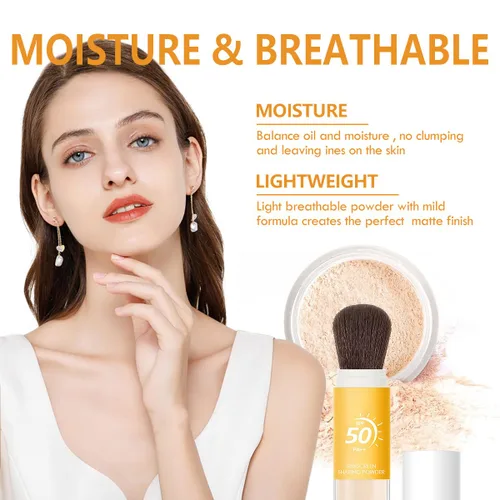 Vista 5 de Polvo de ajuste de protección solar para cara, polvo mineral protector solar, control de aceite, acabado mate natural, transpirable, polvo facial