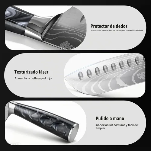 Vista 4 de Cuchillo Santoku de 7 pulgadas, diseño bonito, acero de alto carbono Negro