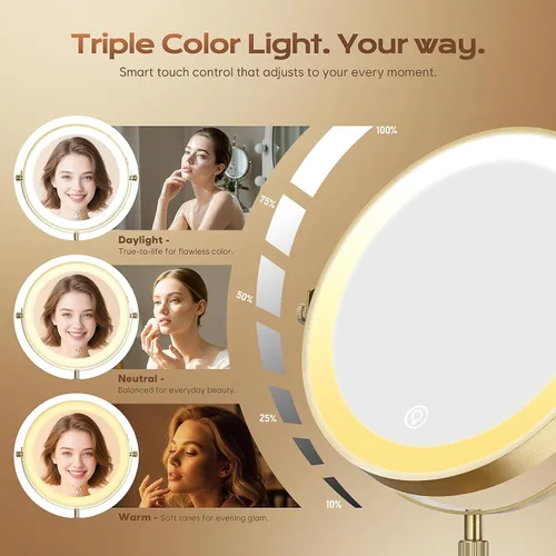 Vista 3 de Espejo de maquillaje con luces, 1x/20x 360°, espejo de maquillaje iluminado ajustable con brillo, espejo de maquillaje con aumento, espejo