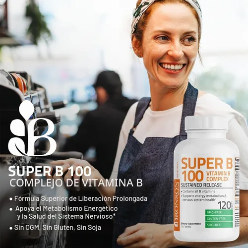 Vista 3 de Bronson Complejo de Vitamina B Super B 100 de Liberación Sostenida Contiene Todas las Vitaminas B (Vitamina B1, B2, B3, B6, B9 - Ácido Fólico, B12)