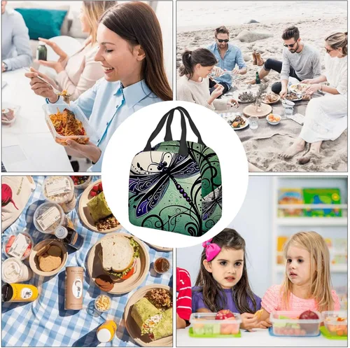 Vista 9 de OOZ Lonchera térmica para mujeres y hombres, para el trabajo, linda libélula en negro y morado, reutilizable, a prueba de fugas, para adultos, bolsa
