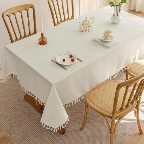 Vista 7 de Mantel rectangular de lino beige crema para comedor y cocina, mantel rectangular de arpillera de lino con borlas, resistente, rústico, campestre