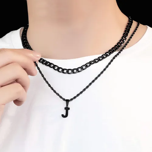 Vista 4 de SENRAN Collar con inicial en capas de la A a la Z para hombre, cadena de cuerda torcida de acero inoxidable de 18 a 20 pulgadas, dije de letra
