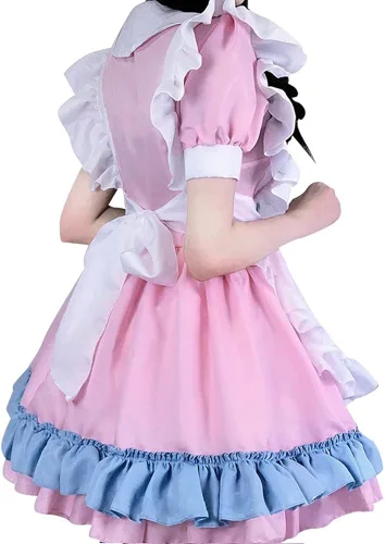 Vista 4 de Lindo uniforme de sirvienta para mujer, con cuello cuadrado, manga abullonada, con cordones, cintura y encaje, disfraz de Halloween