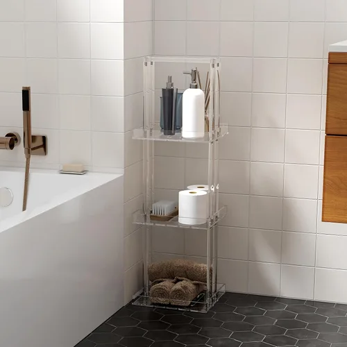 Vista 6 de Aquiver Organizador de ducha de acrílico de pie, soporte organizador de ducha de 3 niveles con asa, organizador de ducha esquinero para baño