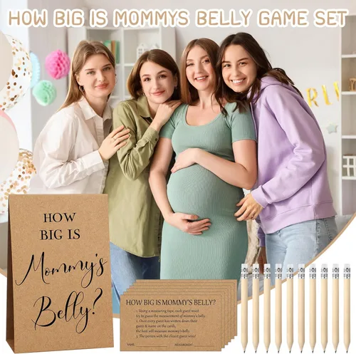 Vista 132 de Sabary 64 Piezas Juegos de Baby Shower Incluyen Letrero How Big is Mommy's Belly Sign Measure Bump Game 50 Tarjetas 10 Lápices 3 Cintas Métricas