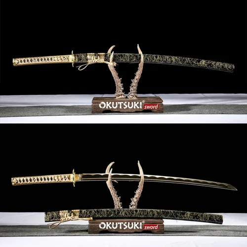 Vista 2 de Espada Katana de hoja nocturna dorada, 41 pulgadas, acero de alto carbono, parte superior afilada, hecha a mano, espada samurái japonesa espiga