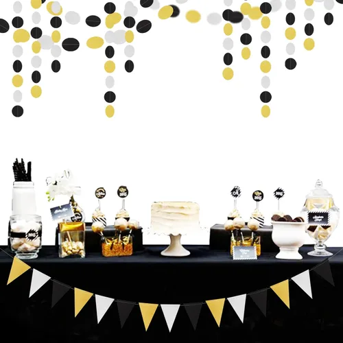 Vista 3 de Decoraciones de fiesta plateadas, negras y doradas, 2 banderines de papel para hombres, cumpleaños, Año Nuevo, jubilación, graduación, aniversario