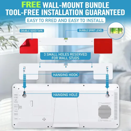 Vista 5 de Reloj de pared digital grande de 15 pulgadas con temporizador, pantalla de 8 idiomas para días de semana, temperatura y fecha, 3 alarmas
