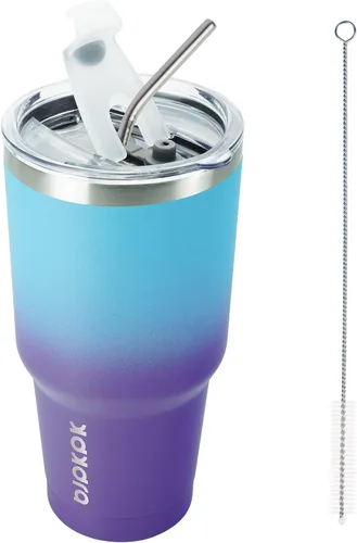 Vista 30 de BJPKPK Vaso térmico negro con tapa y pajita, de acero inoxidable, de 20 onzas, para café Pintura de caucho negro
