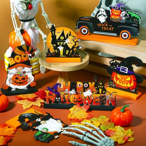 Vista 4 de Soaoo 6 piezas de centros de mesa de madera de Halloween, decoración de centro de mesa de madera de Halloween, letreros de calabaza, gnomo, sombrero