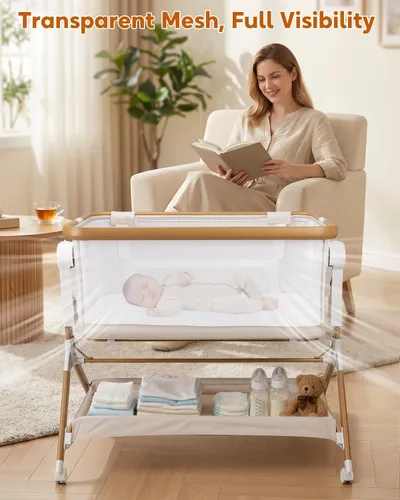 Vista 4 de Cuna 3 en 1, cuna mecedora, cama de noche para bebé, malla completa transpirable, colchón cómodo de 6 alturas, ruedas con bloqueo, cesta