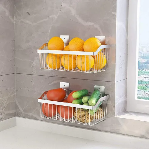Vista 3 de Cestas de alambre de metal de acero inoxidable montadas en la pared para organización y almacenamiento de cocina, cesta de frutas colgante