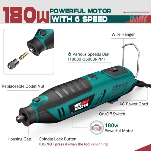 Vista 2 de NEU MASTER Kit de herramientas rotativas de 180 W con 160 accesorios, juego de herramientas rotativas con cable de 6 velocidades 10000-35000 RPM