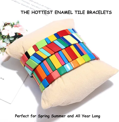Vista 3 de Juego de 4 pulseras elásticas de azulejos esmaltados de arcoíris para mujer, juego de pulseras elásticas de cuentas multicolores apilables