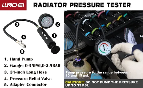 Vista 4 de LLNDEI - Kit de probador de presión del radiador de refrigerante 28 piezas, probador de presión del radiador, sistema de purga al vacío neumático