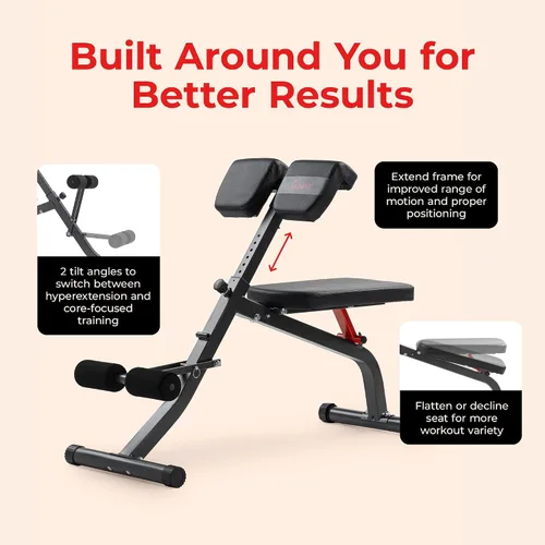 Vista 4 de Sunny Health & Fitness Silla romana multifunción con estación de inmersión y banco para sentarse, equipo de entrenamiento de fuerza ajustable