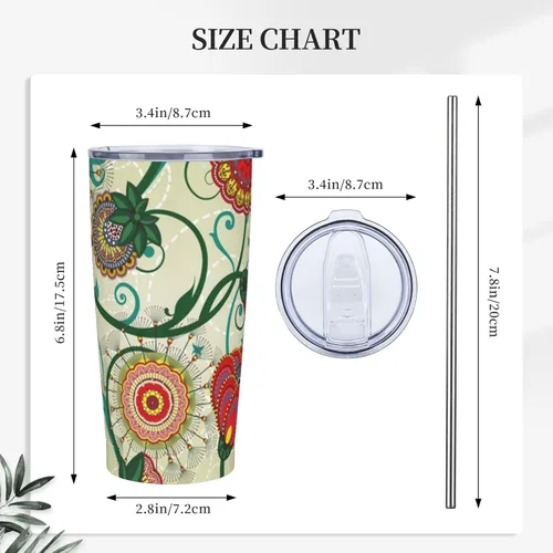 Vista 5 de Evealyn Vaso de acero inoxidable de 20 onzas con estampado floral vintage con tapa y pajita, taza de café reutilizable de viaje para bebidas frías