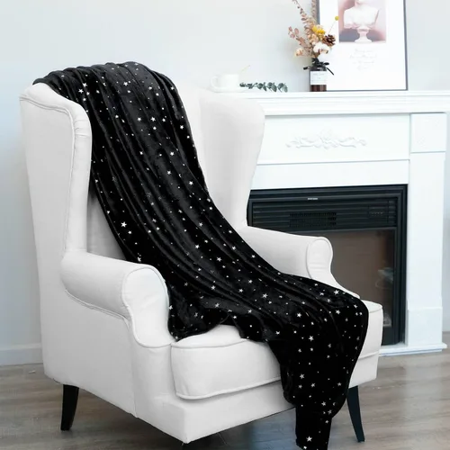 Vista 2 de NANPIPER Manta de forro polar con estampado de estrellas, manta mullida de franela súper suave, 50 x 65 pulgadas, color negro